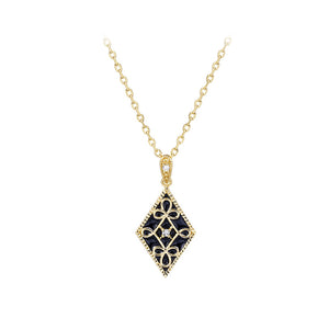 925 Sterling Silver Plated Gold Fashion Vintage Pattern Black Enamel Geometric Diamond Pendant with Cubic Zirconia and Necklace