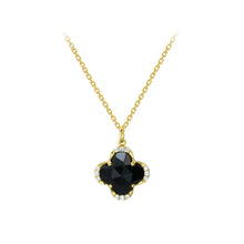 Load image into Gallery viewer, 925 Sterling Silver Plated Gold Fashion Simple Four-leafed Clover Black Agate Pendant with Cubic Zirconia and Necklace