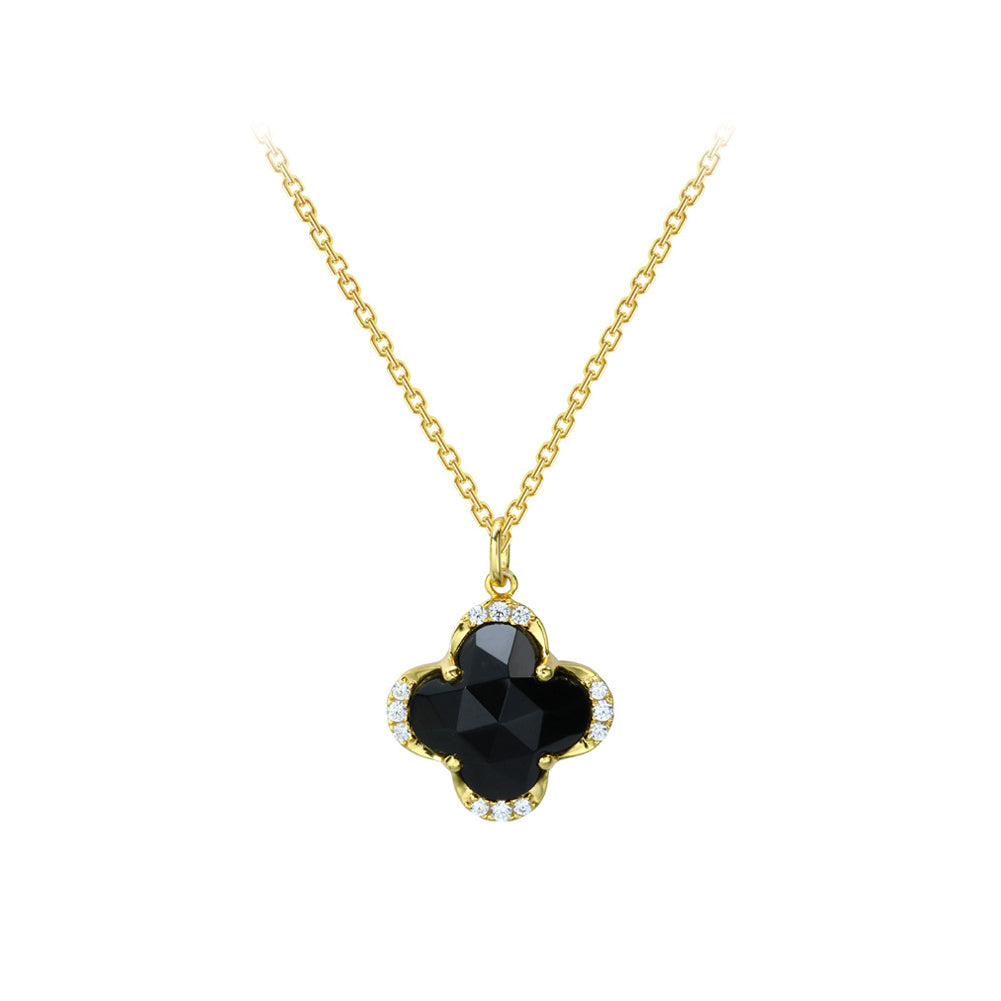 925 Sterling Silver Plated Gold Fashion Simple Four-leafed Clover Black Agate Pendant with Cubic Zirconia and Necklace