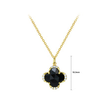 Load image into Gallery viewer, 925 Sterling Silver Plated Gold Fashion Simple Four-leafed Clover Black Agate Pendant with Cubic Zirconia and Necklace