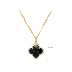 925 Sterling Silver Plated Gold Fashion Simple Four-leafed Clover Black Agate Pendant with Cubic Zirconia and Necklace