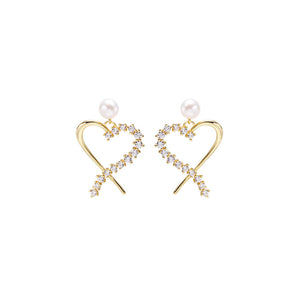 925 Sterling Silver Plated Gold Simple and Sweet Hollow Heart-shaped Freshwater Pearl Stud Earrings with Cubic Zirconia