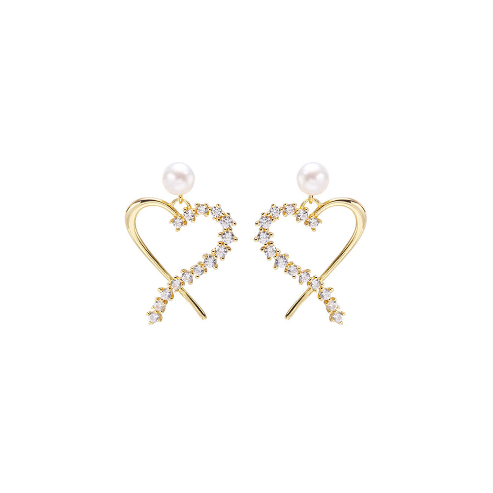 925 Sterling Silver Plated Gold Simple and Sweet Hollow Heart-shaped Freshwater Pearl Stud Earrings with Cubic Zirconia
