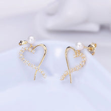 Load image into Gallery viewer, 925 Sterling Silver Plated Gold Simple and Sweet Hollow Heart-shaped Freshwater Pearl Stud Earrings with Cubic Zirconia