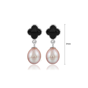 925 Sterling Silver Fashion and Elegant Four-leafed Clover Freshwater Pearl Earrings with Cubic Zirconia