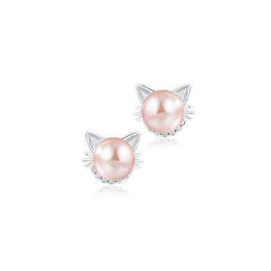 925 Sterling Silver Simple Cute Cat Purple Freshwater Pearl Stud Earrings with Cubic Zirconia