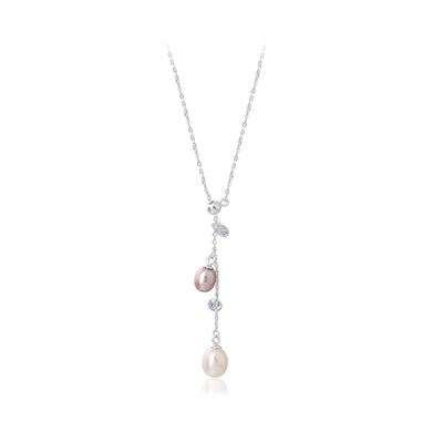 925 Sterling Silver Simple Temperament Geometric Tassel Freshwater Pearl Pendant with Cubic Zirconia and Necklace