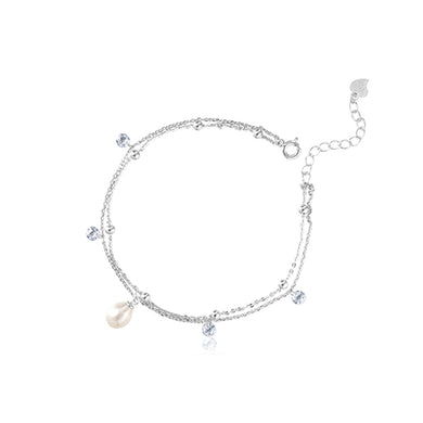 925 Sterling Silver Simple Temperament Geometric Freshwater Pearl Double Layer Anklet with Cubic Zirconia