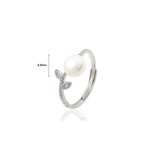 925 Sterling Silver Fashion Simple Leaf Freshwater Pearl Adjustable Ring with Cubic Zirconia