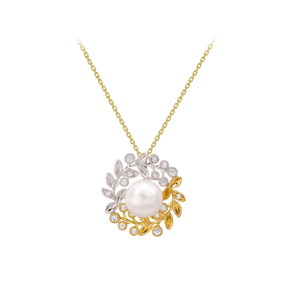 925 Sterling Silver Plated Gold Two-tone Garland Leaf Freshwater Pearl Pendant with Cubic Zirconia and Necklace