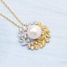 Load image into Gallery viewer, 925 Sterling Silver Plated Gold Two-tone Garland Leaf Freshwater Pearl Pendant with Cubic Zirconia and Necklace