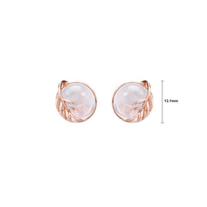 925 Sterling Silver Plated Rose Gold Leaf Geometric Round Pink Crystal Stud Earrings