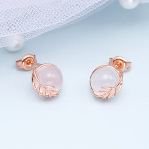 925 Sterling Silver Plated Rose Gold Leaf Geometric Round Pink Crystal Stud Earrings