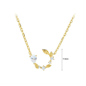 925 Sterling Silver Plated Gold Simple Temperament Leaf Pendant with Cubic Zirconia and Necklace