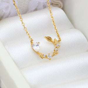 925 Sterling Silver Plated Gold Simple Temperament Leaf Pendant with Cubic Zirconia and Necklace