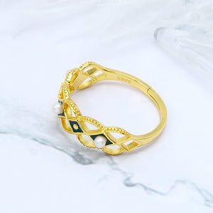 925 Sterling Silver Plated Gold Fashion Temperament Enamel Rhombus Lace Geometric Adjustable Ring with Freshwater Pearls