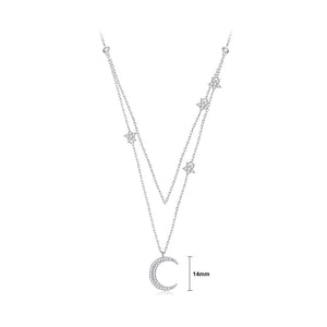 925 Sterling Silver Fashion Simple Moon Star Pendant with Cubic Zirconia and Double Necklace