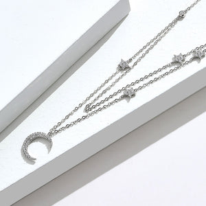925 Sterling Silver Fashion Simple Moon Star Pendant with Cubic Zirconia and Double Necklace