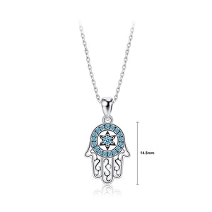 925 Sterling Silver Fashion Creative Fatima Palm Pendant with Blue Cubic Zirconia and Necklace