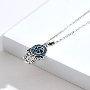 925 Sterling Silver Fashion Creative Fatima Palm Pendant with Blue Cubic Zirconia and Necklace