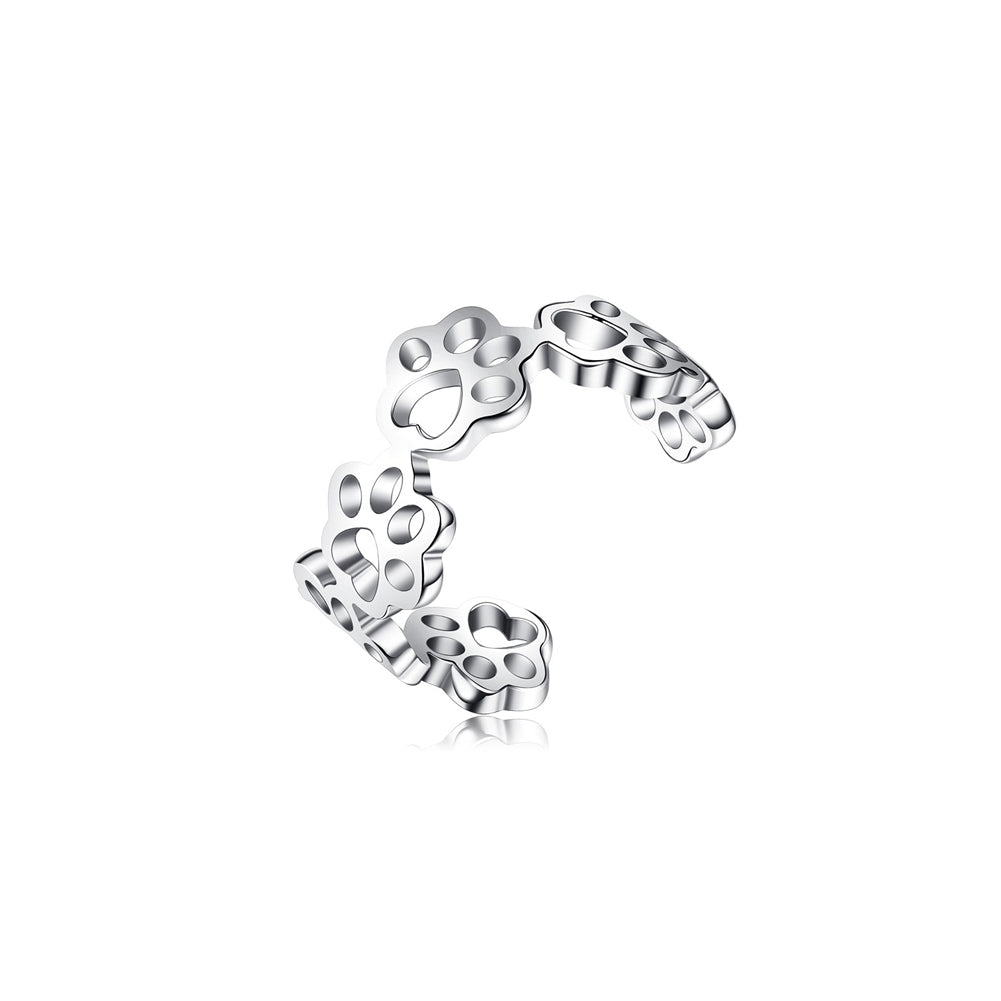925 Sterling Silver Simple and Cute Hollow Dog Paw Print Adjustable Opening Ring