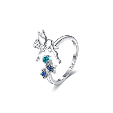 925 Sterling Silver Fashion Simple Fairy Star Adjustable Open Ring with Blue Cubic Zirconia