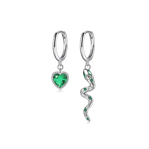 925 Sterling Silver Fashion Creative Heart-shaped Snake Asymmetric Earrings with Cubic Zirconia