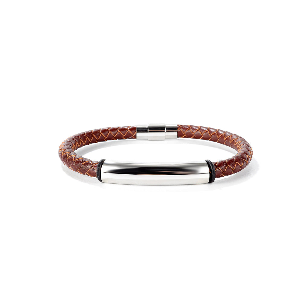 Simple and Fashion 316L Stainless Steel Geometric Rectangular Brown Leather Bracelet