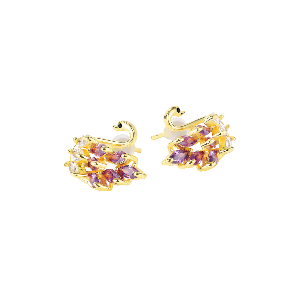 Fashion and Elegant Plated Gold Swan Stud Earrings with Purple Cubic Zirconia