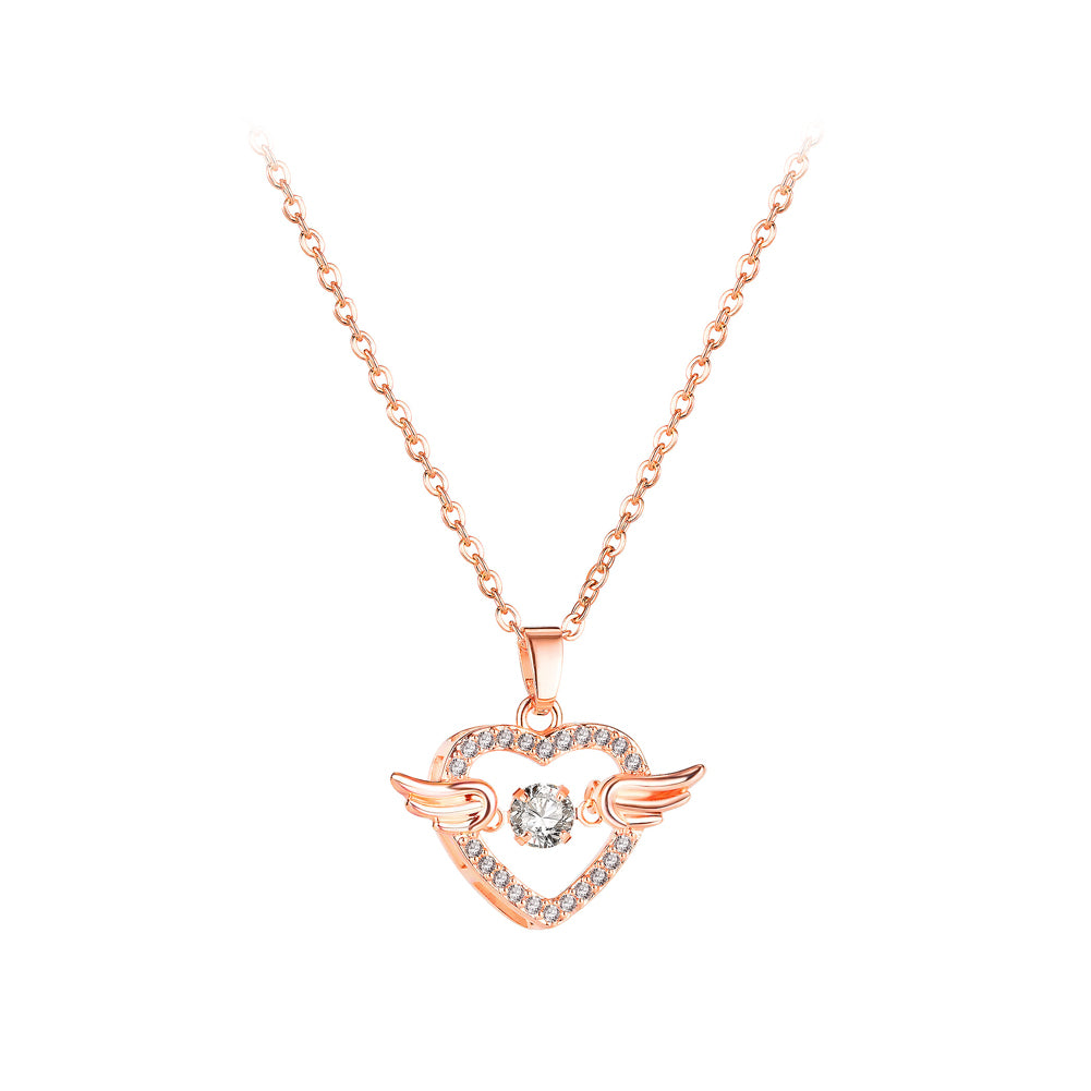 Fashion and Simple Plated Rose Gold Heart-shaped Wings Pendant with Cubic Zirconia and 316L Stainless Steel Necklace