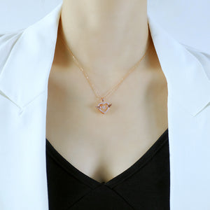 Fashion and Simple Plated Rose Gold Heart-shaped Wings Pendant with Cubic Zirconia and 316L Stainless Steel Necklace