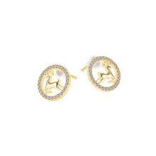 Load image into Gallery viewer, Simple and Cute Plated Gold Deer Geometric Round Stud Earrings with Cubic Zirconia