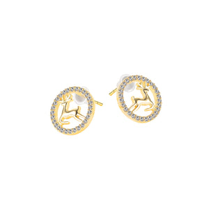 Simple and Cute Plated Gold Deer Geometric Round Stud Earrings with Cubic Zirconia