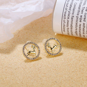 Simple and Cute Plated Gold Deer Geometric Round Stud Earrings with Cubic Zirconia