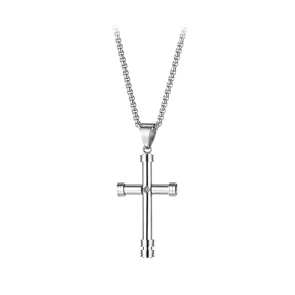 Simple and Classic 316L Stainless Steel Cross Pendant with Cubic Zirconia and Necklace