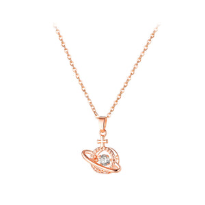 Fashion Temperament Plated Rose Gold Planet Pendant with Cubic Zirconia and 316L Stainless Steel Necklace