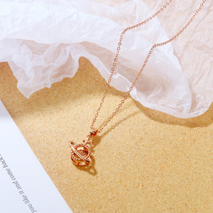 Fashion Temperament Plated Rose Gold Planet Pendant with Cubic Zirconia and 316L Stainless Steel Necklace