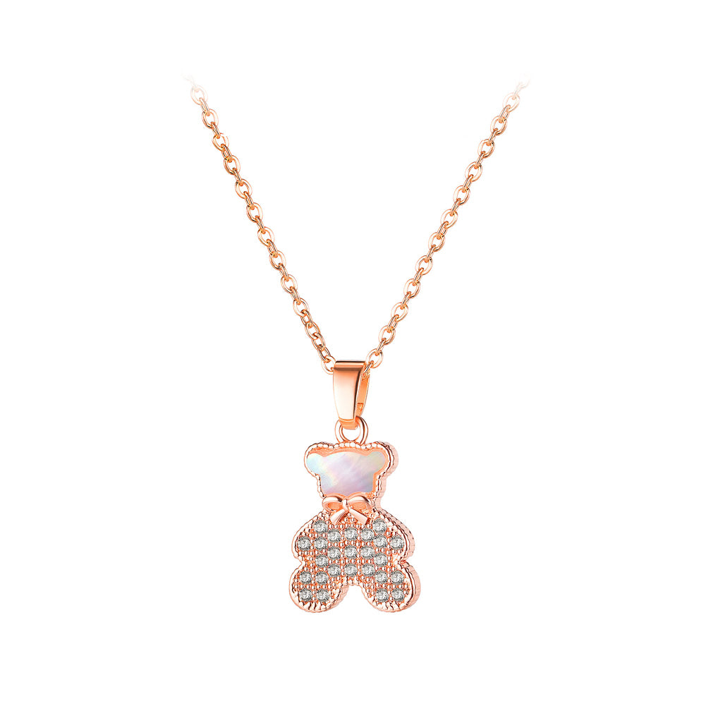 Fashion Cute Plated Rose Gold Bear Pendant with Cubic Zirconia and 316L Stainless Steel Necklace