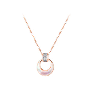 Fashion and Simple Plated Rose Gold Geometric Mother Shell Round Pendant with Cubic Zirconia and 316L Stainless Steel Necklace