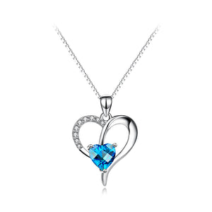925 Sterling Silver Fashion Simple Heart Pendant with Blue Cubic Zirconia and Necklace