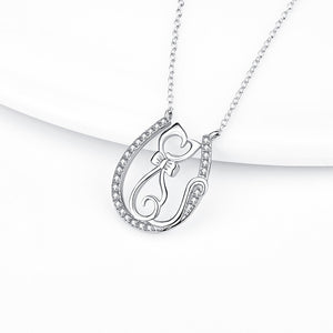 925 Sterling Silver Simple Cute Cat Geometric Pendant with Cubic Zirconia and Necklace