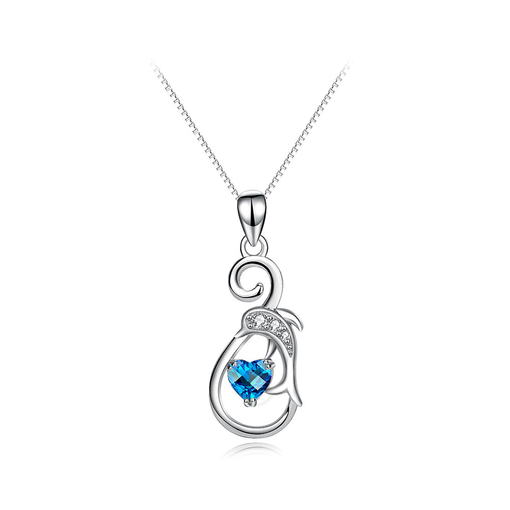925 Sterling Silver Fashion and Elegant Dolphin Pendant with Blue Cubic Zirconia and Necklace