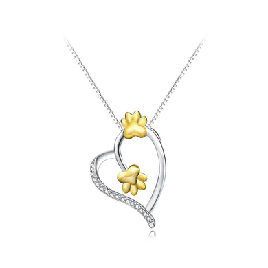 925 Sterling Silver Simple Temperament Golden Dog Paw Print Heart Pendant with Cubic Zirconia and Necklace