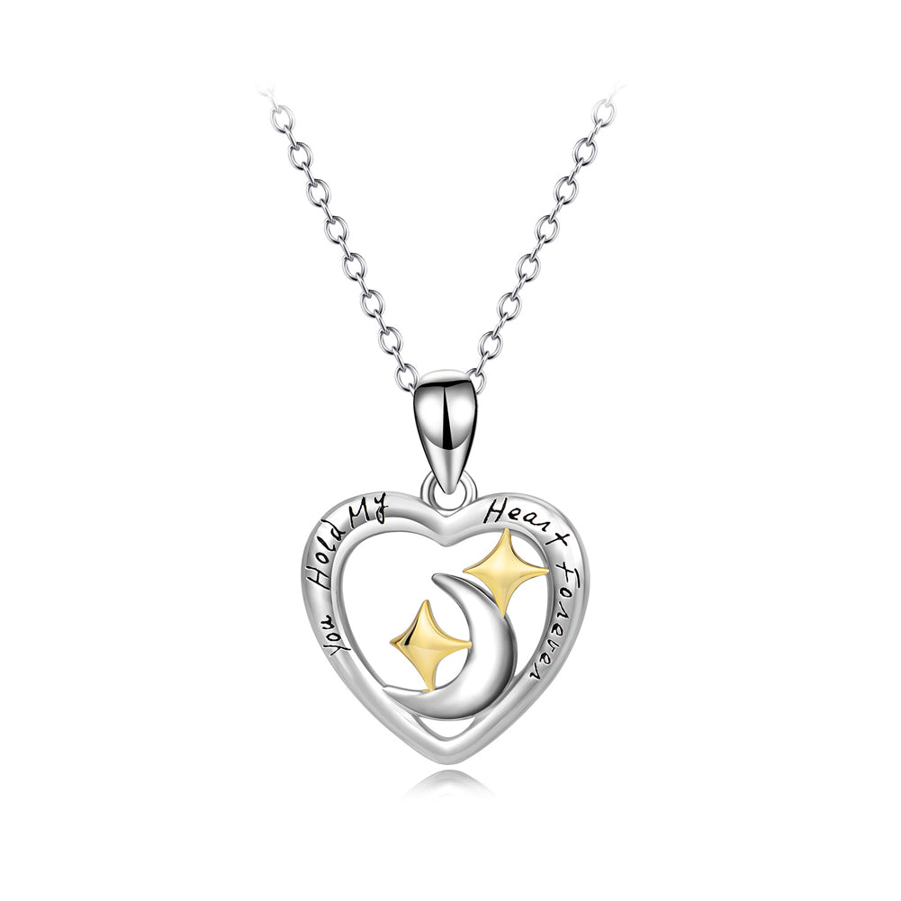 925 Sterling Silver Simple Fashion Golden Star Moon Heart Pendant with Necklace
