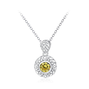 925 Sterling Silver Fashion Elegant Pattern Geometric Round Pendant with Yellow Cubic Zirconia and Necklace