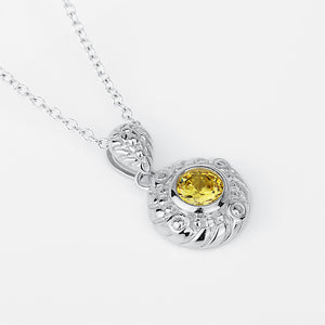 925 Sterling Silver Fashion Elegant Pattern Geometric Round Pendant with Yellow Cubic Zirconia and Necklace