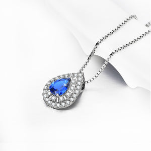 925 Sterling Silver Simple and Bright Water Drop-shaped Pendant with Blue Cubic Zirconia and Necklace
