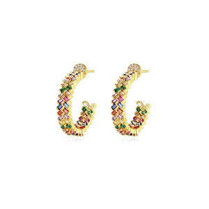 Fashion Temperament Plated Gold Geometric Semicircular Stud Earrings with Colorful Cubic Zirconia