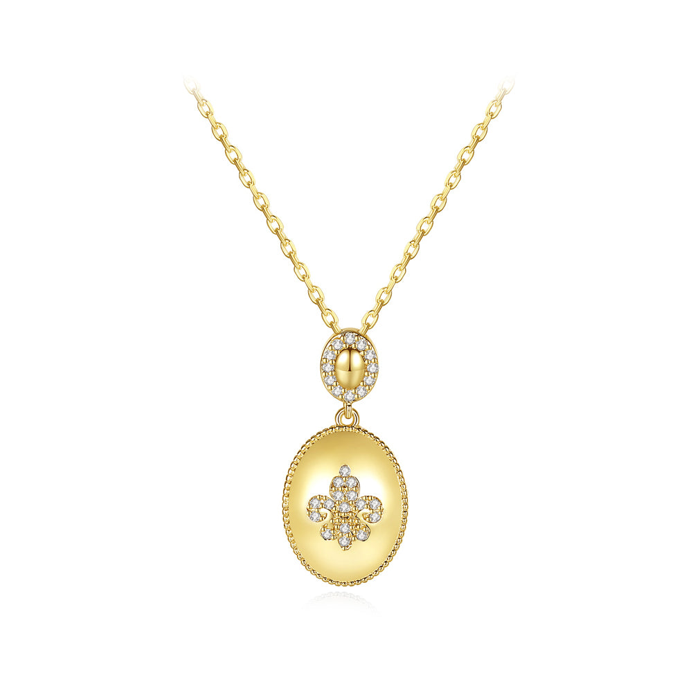 Fashion Temperament Plated Gold Pattern Geometric Oval Pendant with Cubic Zirconia and Necklace