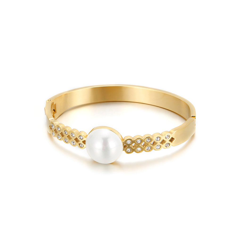 Fashion and Elegant Plated Gold Geometric Round Pearl 316L Stainless Steel Bangle with Cubic Zirconia
